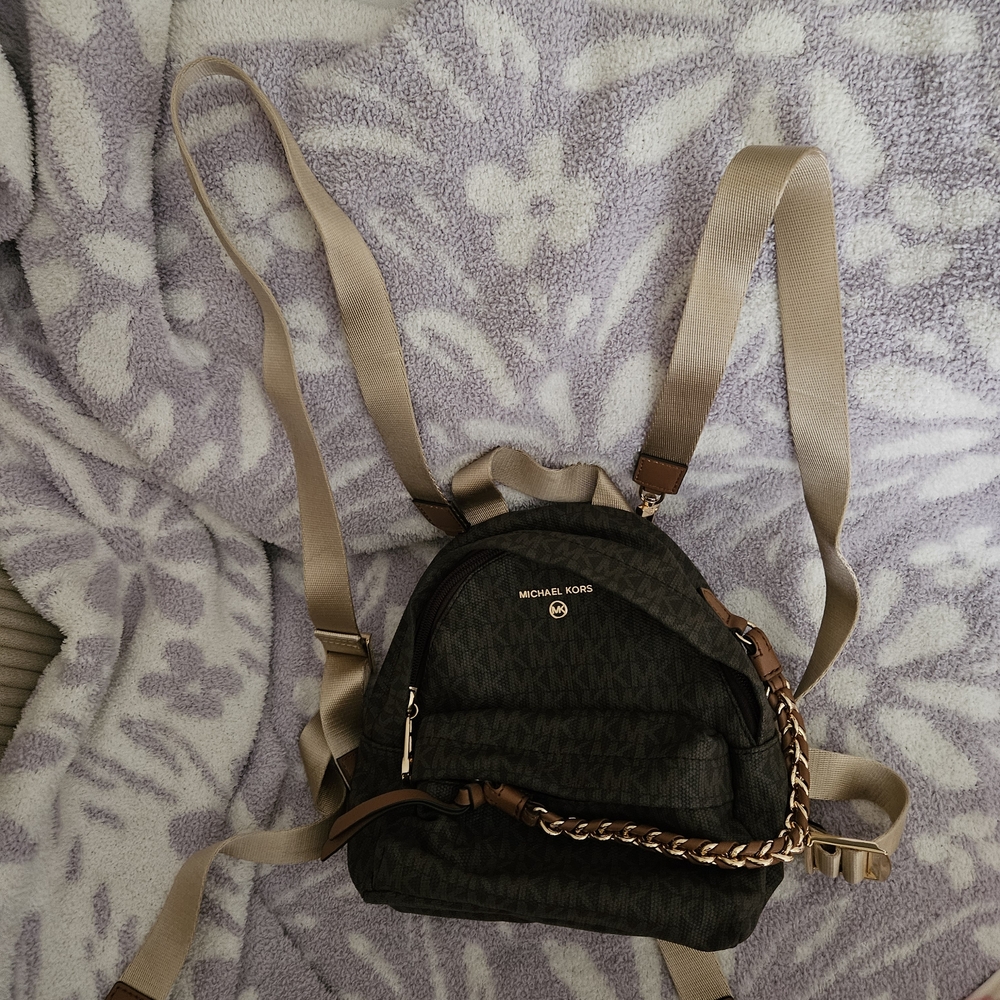 Michael Kors Signature Dark Brown and Khaki Mini Backpack with Gold Chain